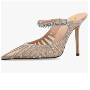 FYS Nude Pointed Toe Slip on Mules Rhinestone Studded Stiletto High Heel Sandals